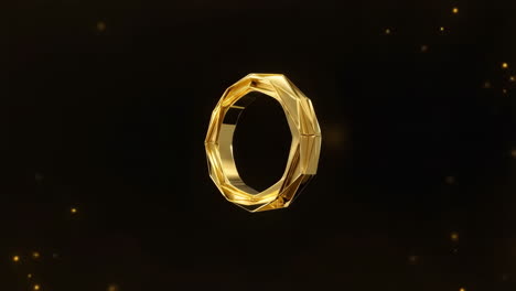 golden faceted ring on dark background with sparkling lights