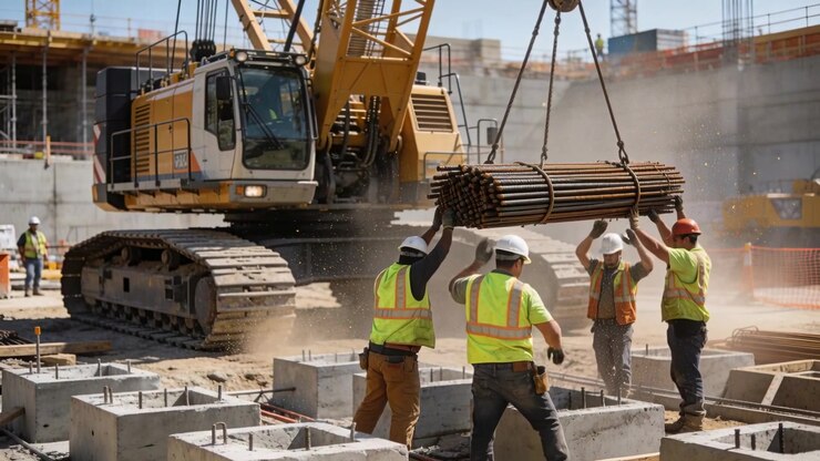 Guiding crew and crane lowering bundled rebar for placing in concrete footings, wearing hivis vests
