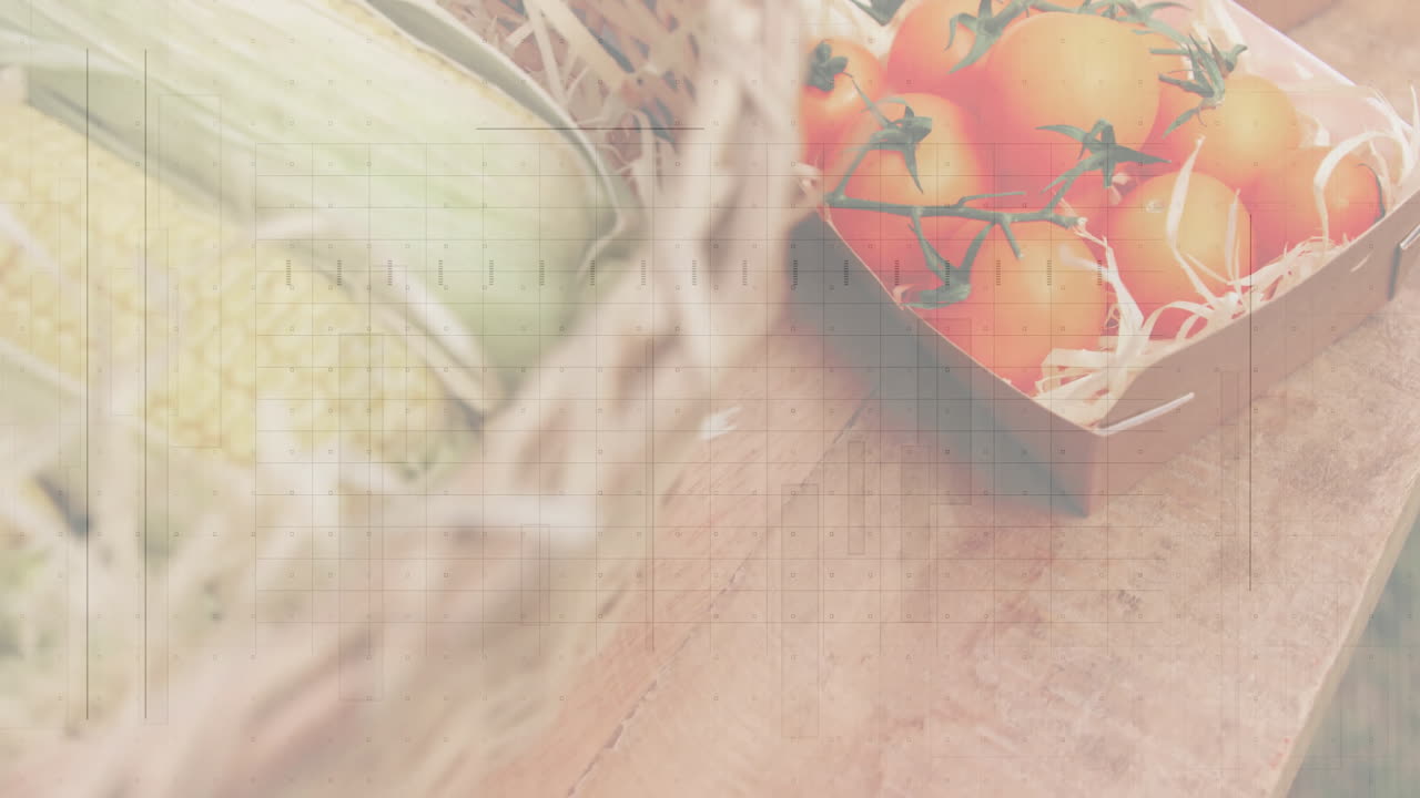 Fresh tomatoes and corn in baskets over grid pattern animation on wooden surface