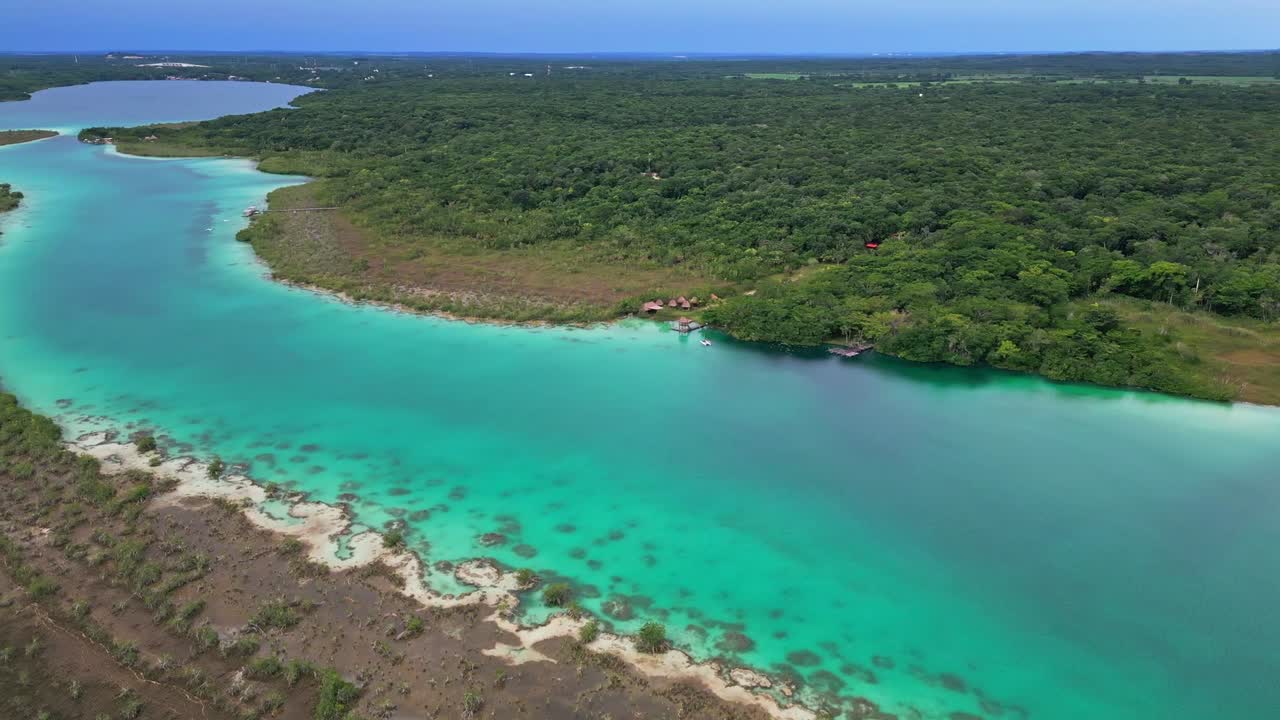 Aerial view of Bacalar's lagoon with lush greenery and clear blue water