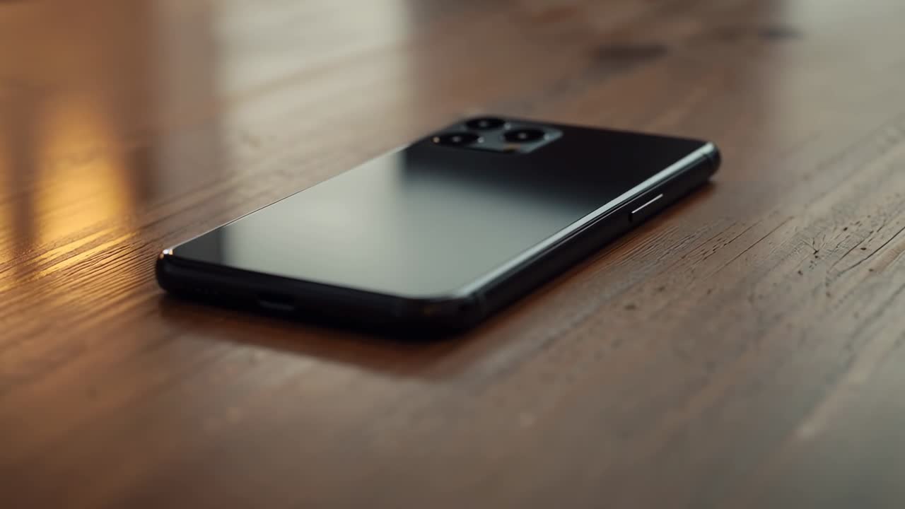 Telecamera a bassa angolazione che scivola, rivelando un telefono lucido su un tavolo di legno, mostrando la sporgenza della fotocamera e la porta USB-C.
