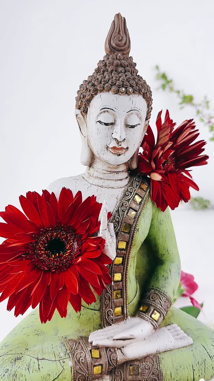 estatua de buda con flores rojas