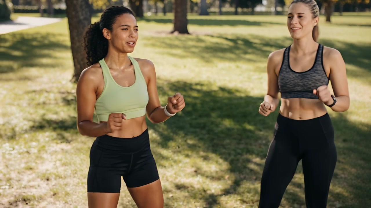 Due donne che recuperano camminando in un parco illuminato dal sole dopo uno sprint, indossando reggiseni sportivi e tracker
