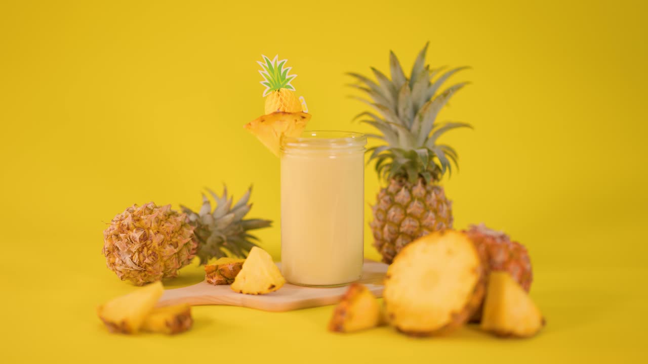 Hand places striped straw in creamy pineapple smoothie surrounded by fresh fruit on yellow background
