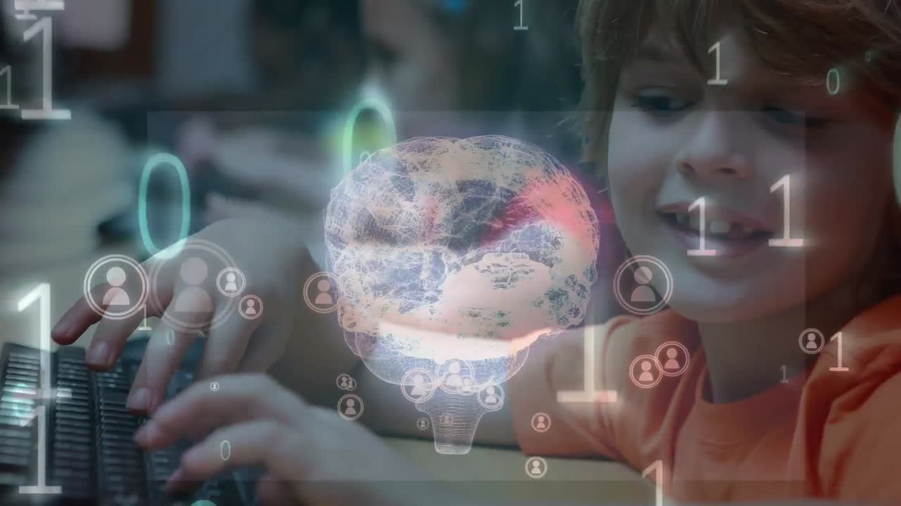 인간의 뇌와 이진 코딩의 애니메이션과 학교에서 컴퓨터를 사용하는 백인 소년