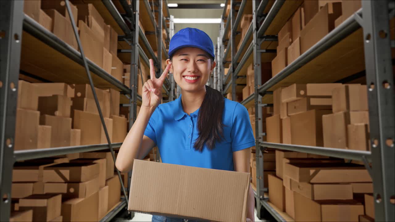 mensajera asiática en uniforme azul mostrando un gesto de paz y sonrisa mientras entrega una caja en el almacén