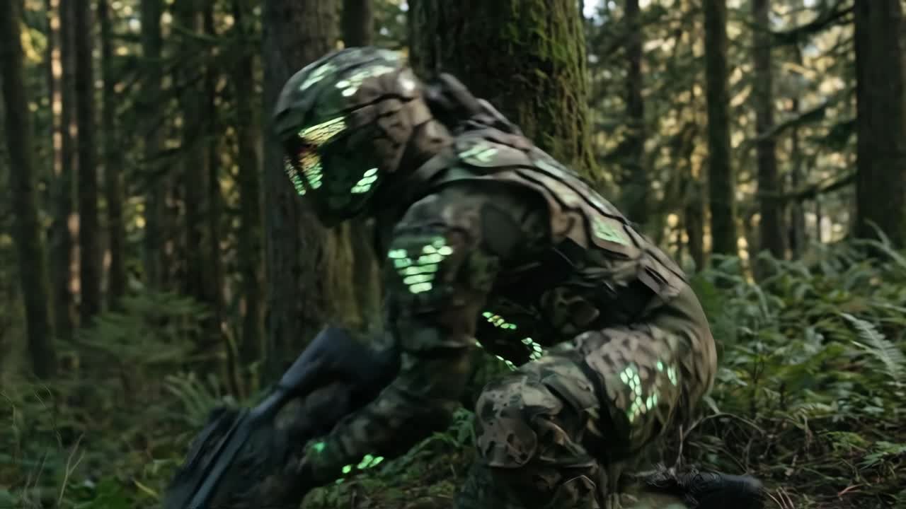 Futuristische soldaat in camouflage-exoskelet richt geweer in bos