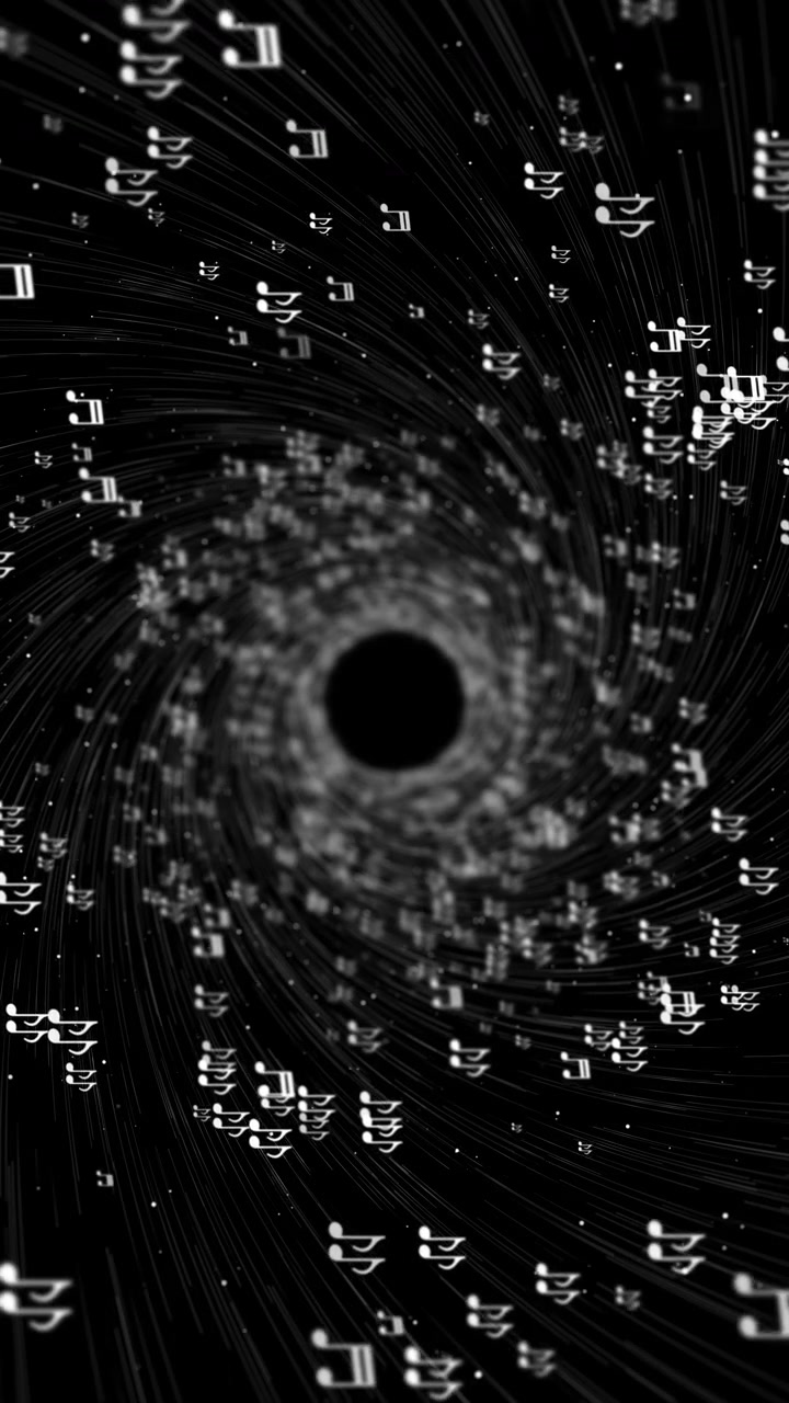 Monochrome music vortex background with white notes spiral motion lines and black tunnel center