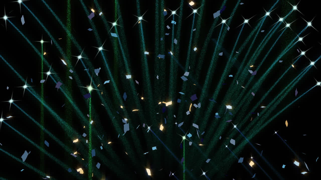 검은 바탕에 불꽃놀이와 콘페티의 애니메이션