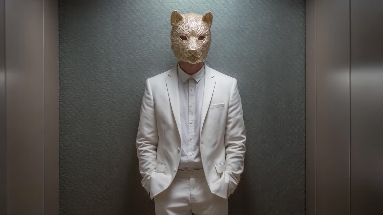 A Mysterious Figure Stands in an Elevator Wearing a Detailed Cat Mask, Dressed in Elegantly Tailored White Suit exuding an Intriguing Aura of Enigma and Suspense