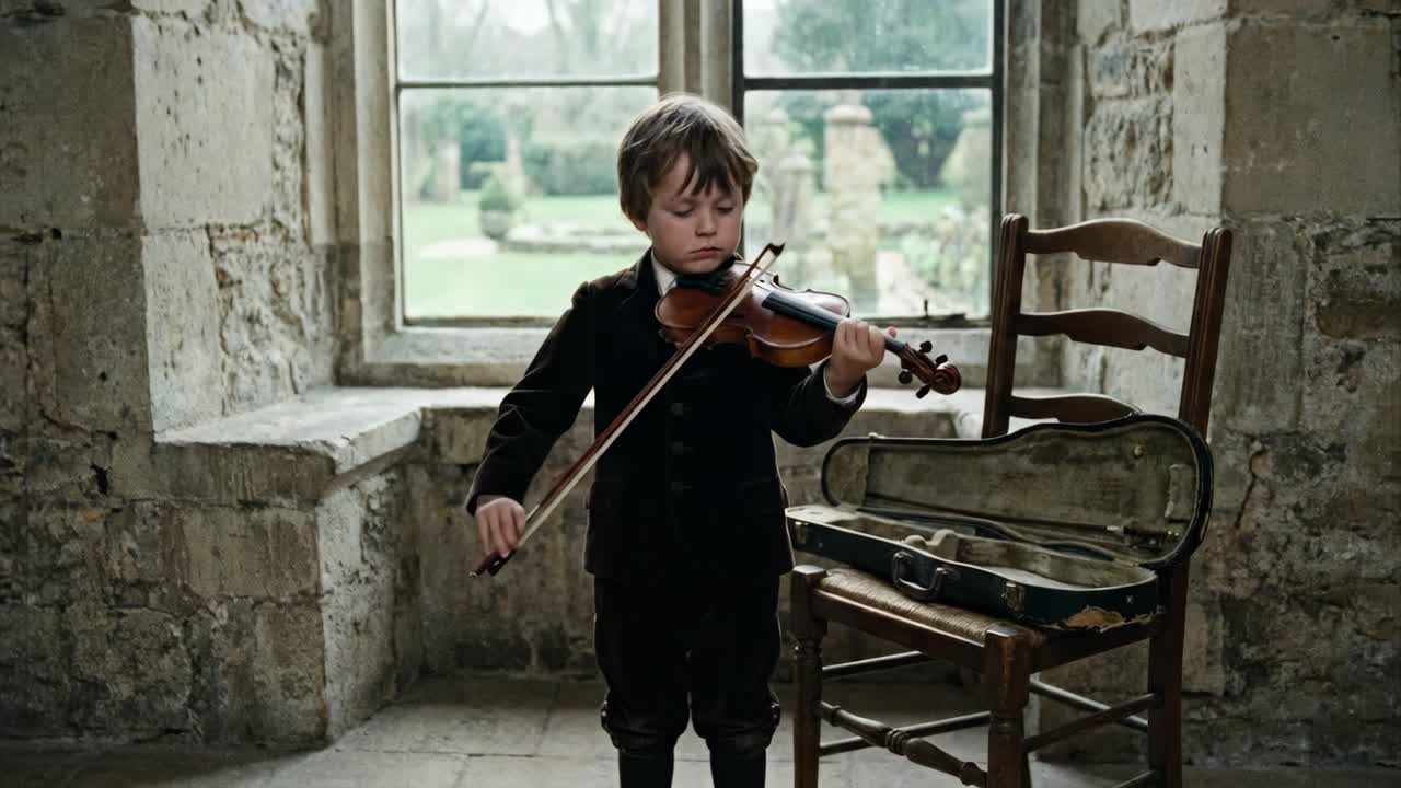 Ragazzino che suona il violino in una vecchia stanza di pietra