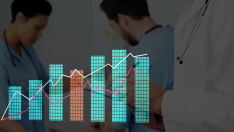 healthcare team reviewing patient data in clinic, displaying animated bar charts and trend lines