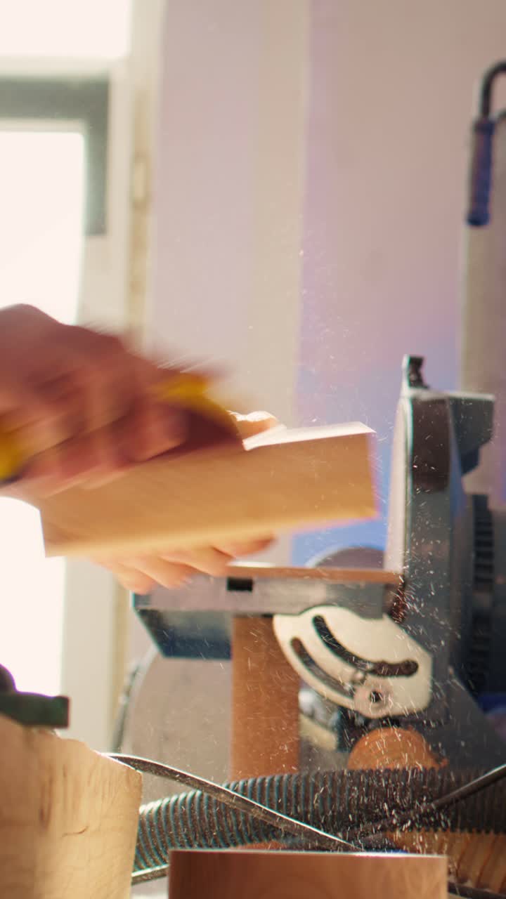 Close-up of Carpenter's Hands Sanding Wood in a Workshop