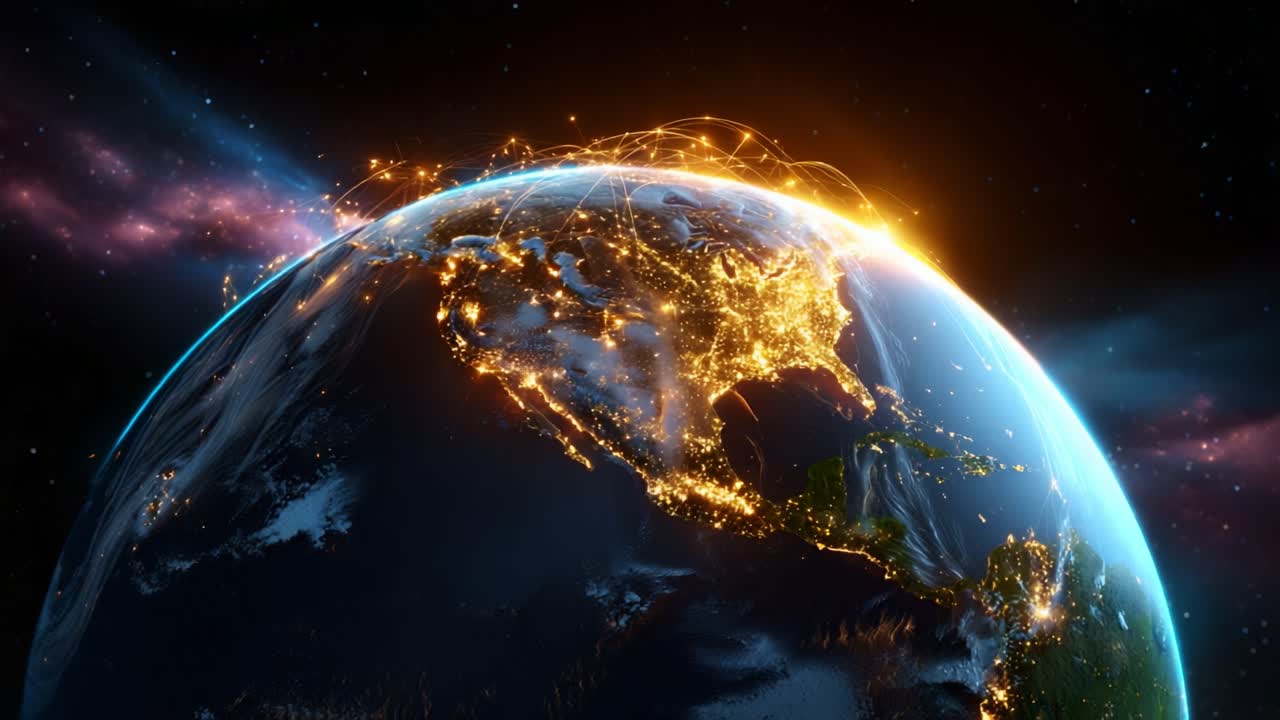 A stunning visualization showcasing Earth from space, highlighting the vibrant city lights and intricate networks of connectivity across the continents, illustrating humanity’s impact and technological advancement