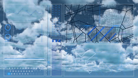 animación de la interfaz con el procesamiento de datos contra nubes en el cielo azul