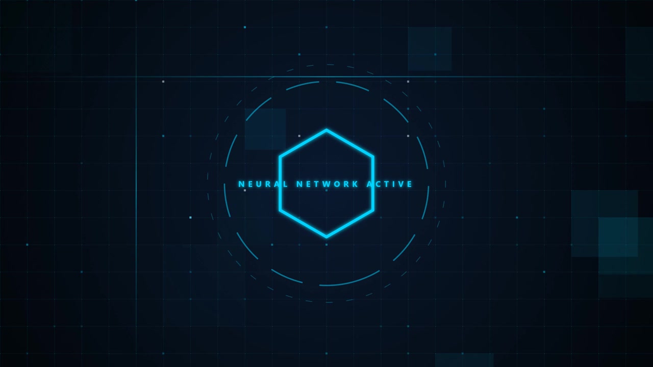 Digital Neural Network Interface with Glowing Hexagon Graphic