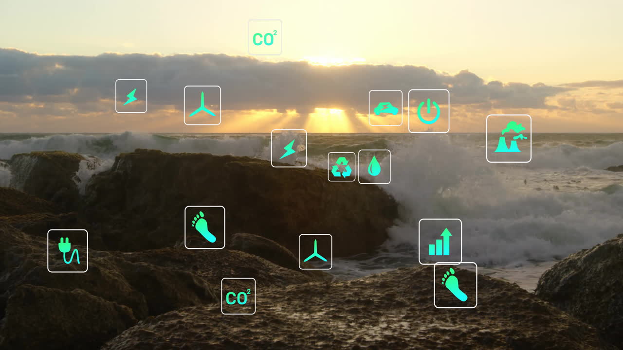 Rocky shore and crashing waves being animated at sunset, with floating energy icons in flat design