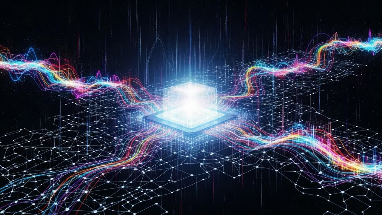 A Futuristic Quantum Processor Surrounded by Vibrant Data Streams and Complex Network Patterns in a Digital Universe of Light and Technology