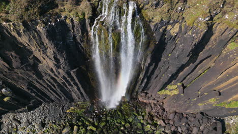 Aerial-top-down-over-Mealt-waterfall,-Isle-of-Skye,-Scotland