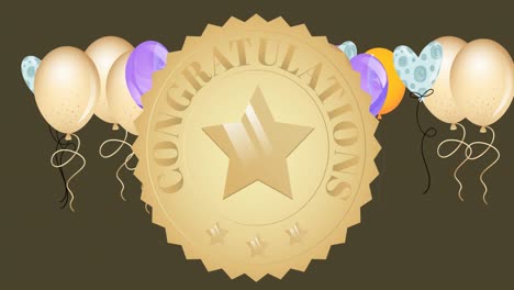 animation of congratulations text over colorful balloons on brown background