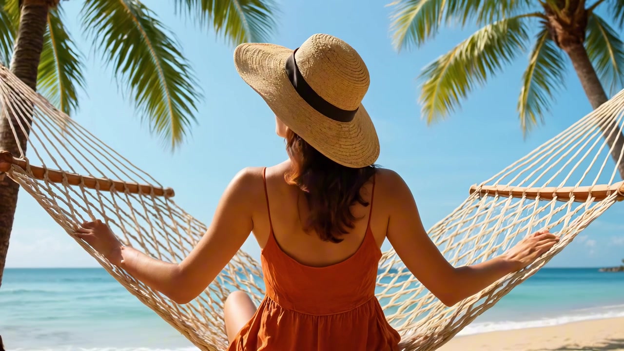 Donna con cappello di paglia che si rilassa su un'amaca su una spiaggia tropicale