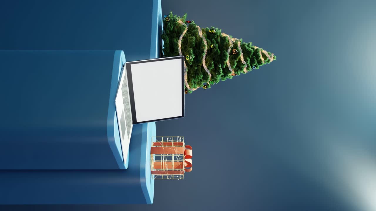 computadora portátil, árbol de navidad, y regalo envuelto en fondo azul vertical