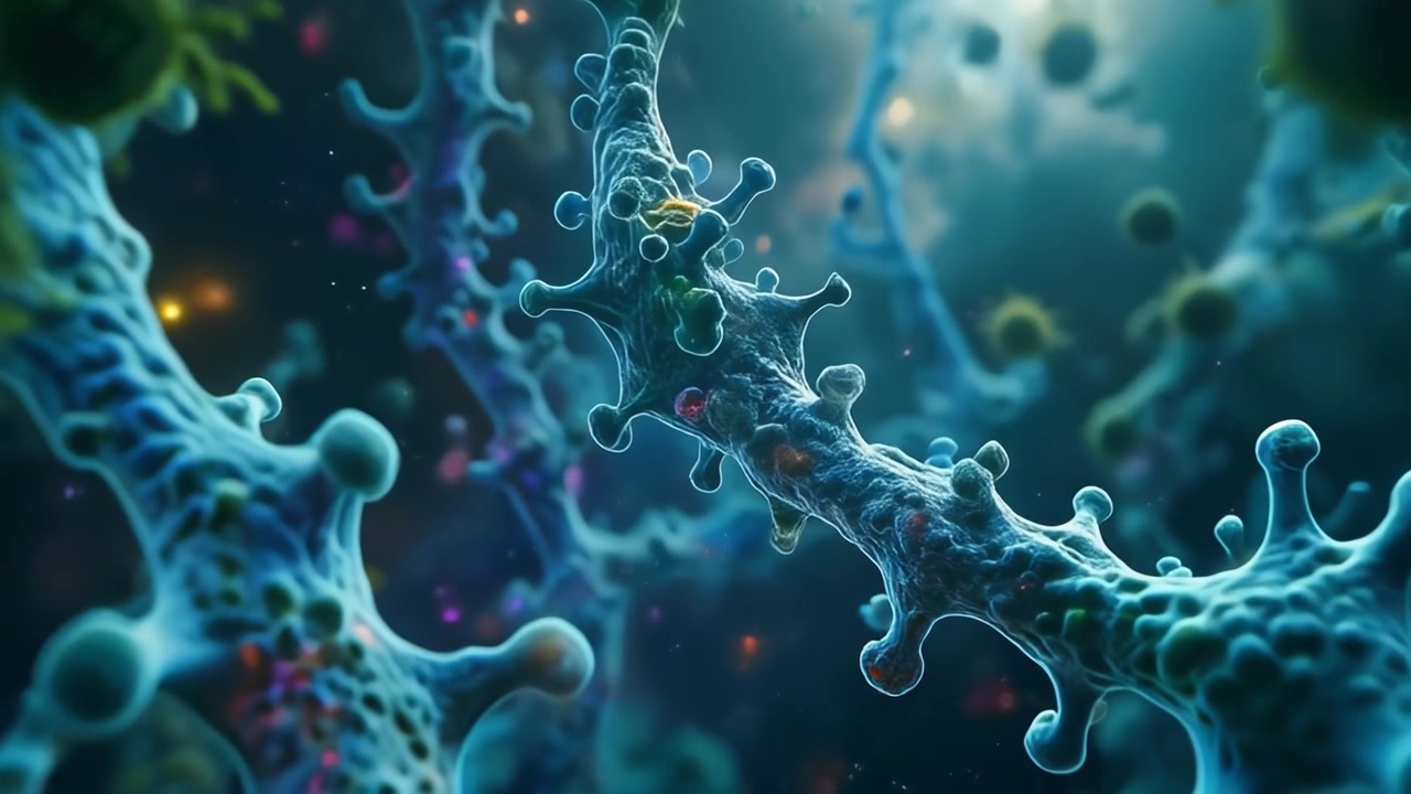 Microscopisch beeld van virussen en bacteriën zwevend in vloeistof