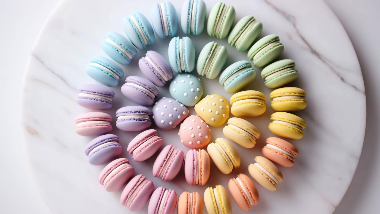 Close-up estilizado de macarons franceses em tons pastel dispostos em anéis concêntricos e círculo interno em uma tábua de servir redonda de mármore branco, com contraste de cores suave, estilo de confeitaria refinado e vista aérea limpa.