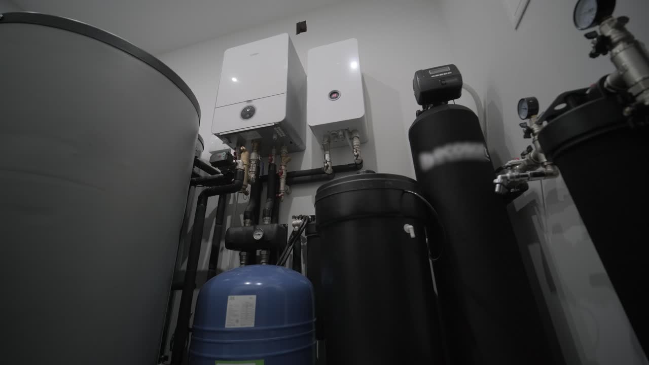 interior de la sala de calderas de la casa con sistema moderno de calefacción de agua