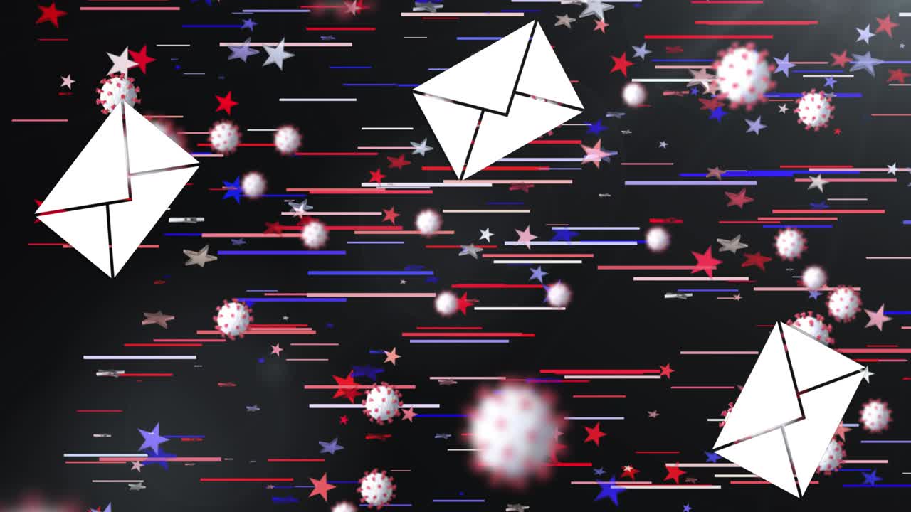 다수의 봉투 아이콘과 코로나19 세포가 검은색 배경의 빛의 흔적과 별에 대해 움직입니다.