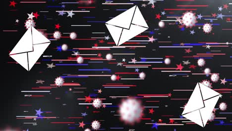 múltiples iconos de sobre y células de covid-19 que se mueven contra rastros de luz y estrellas en fondo negro