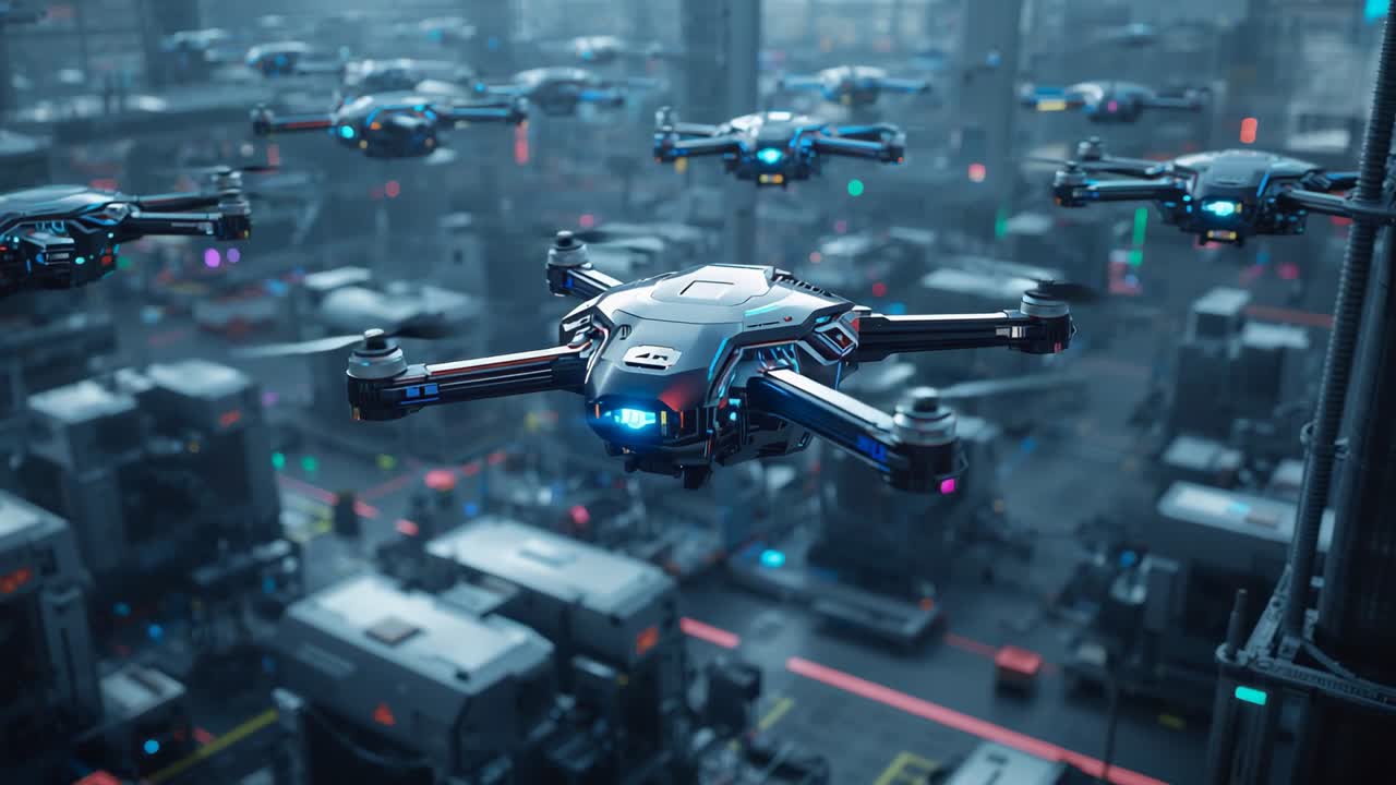 Activating rotors lifting surveillance drones above neon city, forming triangle, drifting forward