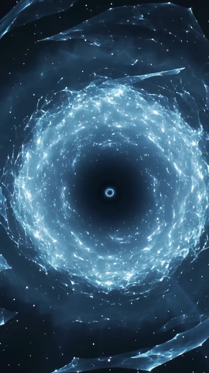 Vertical video: Frames starting vortex with dark core pulsing and glowing in deep space with shards