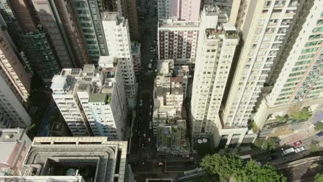 Downtown-Hong-Kong-city-skyscrapers-and-urban-traffic,-Aerial-view