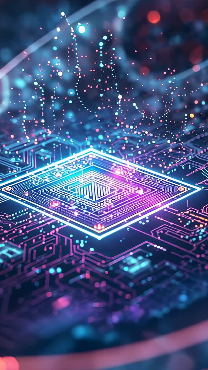 Vertical video: Flickering particles sparking microchip pulsing along circuit traces, rising data