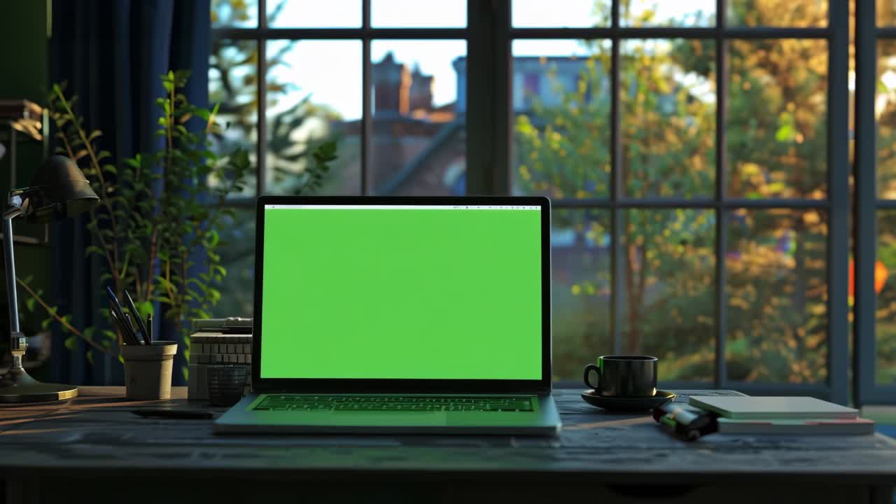 Postazione di Lavoro Moderna per Ufficio Domestico con Laptop e Schermo Verde
