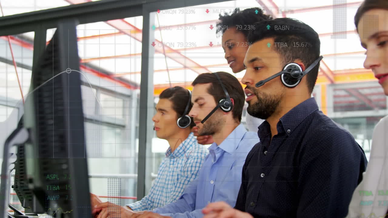Animation of data processing and statistics over office workers wearing headsets
