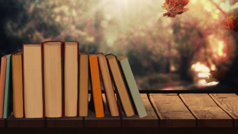 books arrange against falling autumn leaves and bright sunlight 4k