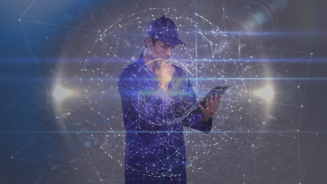 디지털 태블릿을 사용하는 사려 깊은 백인 노동자에 대한 연결 네트워크의 세계