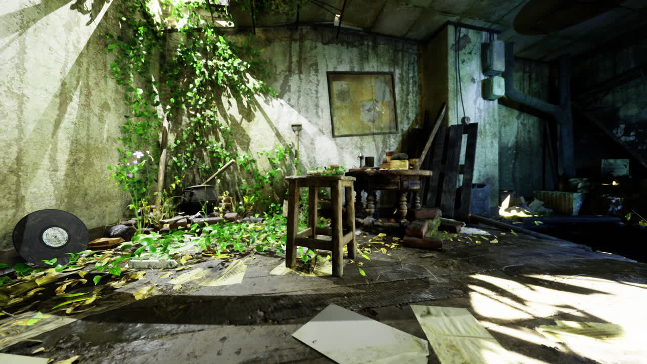 Overgrown interior of abandoned building showcasing natures reclaiming power