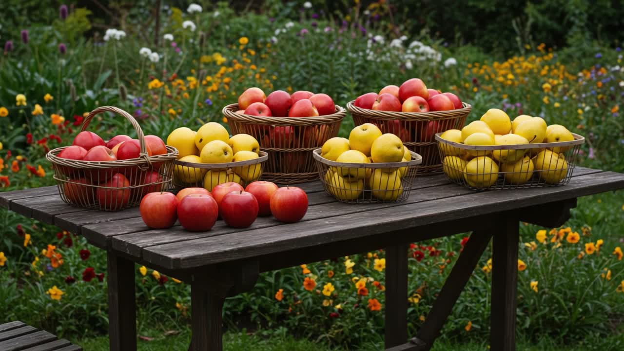 Vibrant Display of Freshly Harvested Apples in Baskets Surrounded by Colorful Garden Flowers Captured during a Beautiful Sunny Day