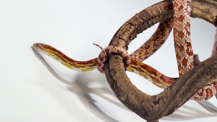 An orange corn snake crawls slowly across a curved wooden branch in bright studio lighting