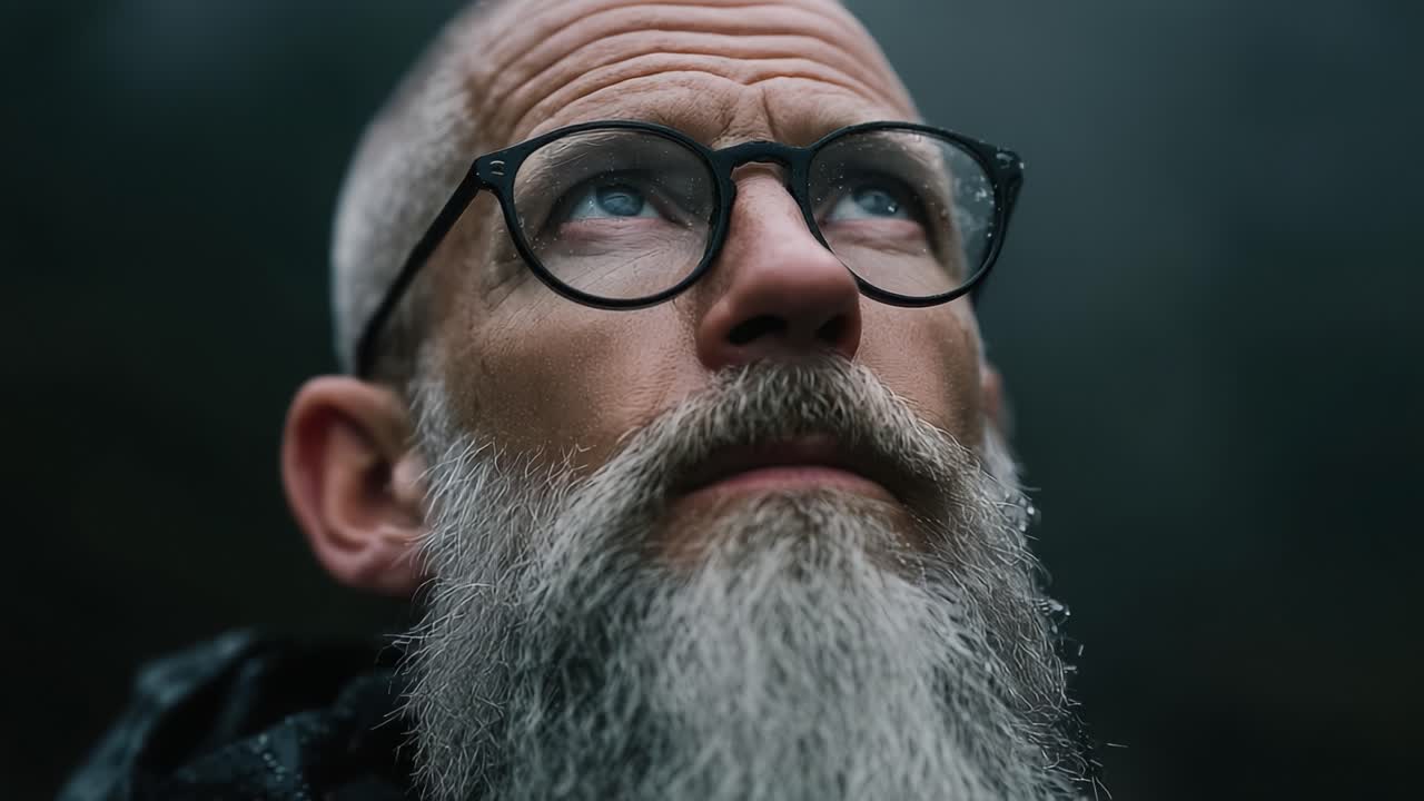 Reflective Man with Glasses and Beard Gazing Upwards Amidst a Misty Background, Evoking Contemplation and Connection with Nature