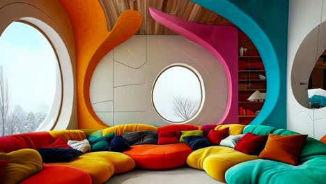 a colorful room with a circular couch and colorful pillows