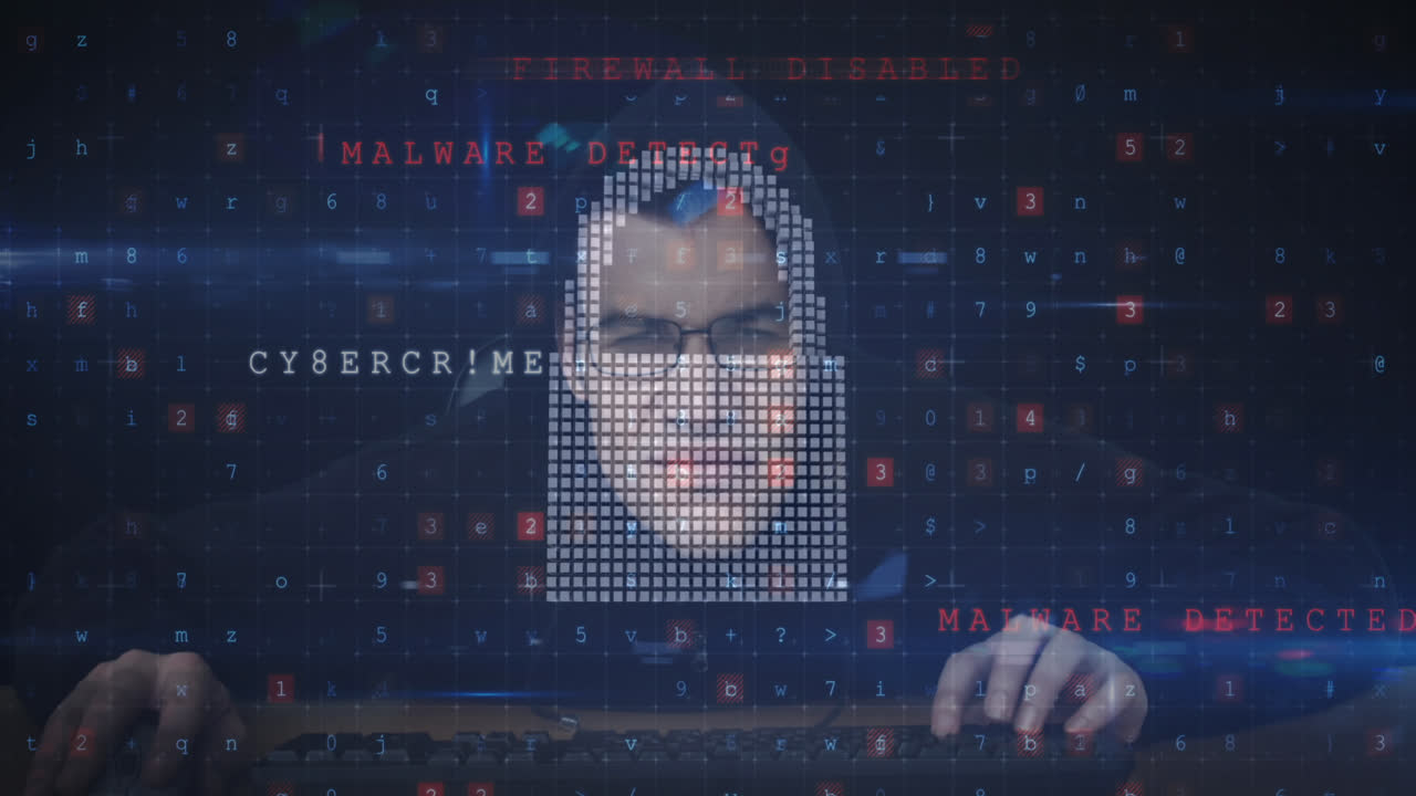 Animation of cyber attack warning over online security padlock and hacker