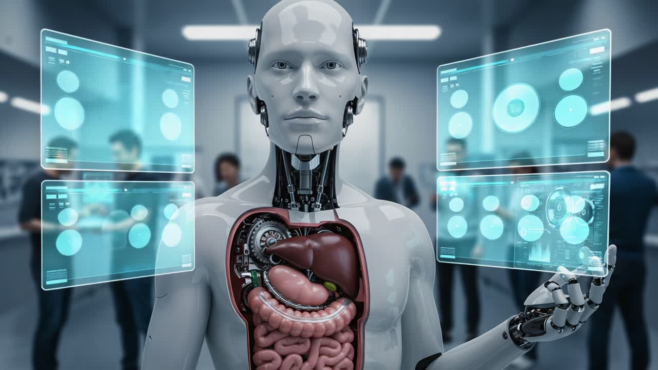 A Futuristic Android Analyzes Internal Systems with Advanced Holographic Displays in a Laboratory Setting, Blending Technology and Biological Insights