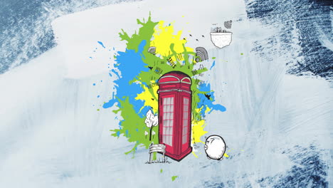 Animation-of-retro-phone-box,-piggy-bank-and-wifi-symbols-over-white-paint-brushstrokes