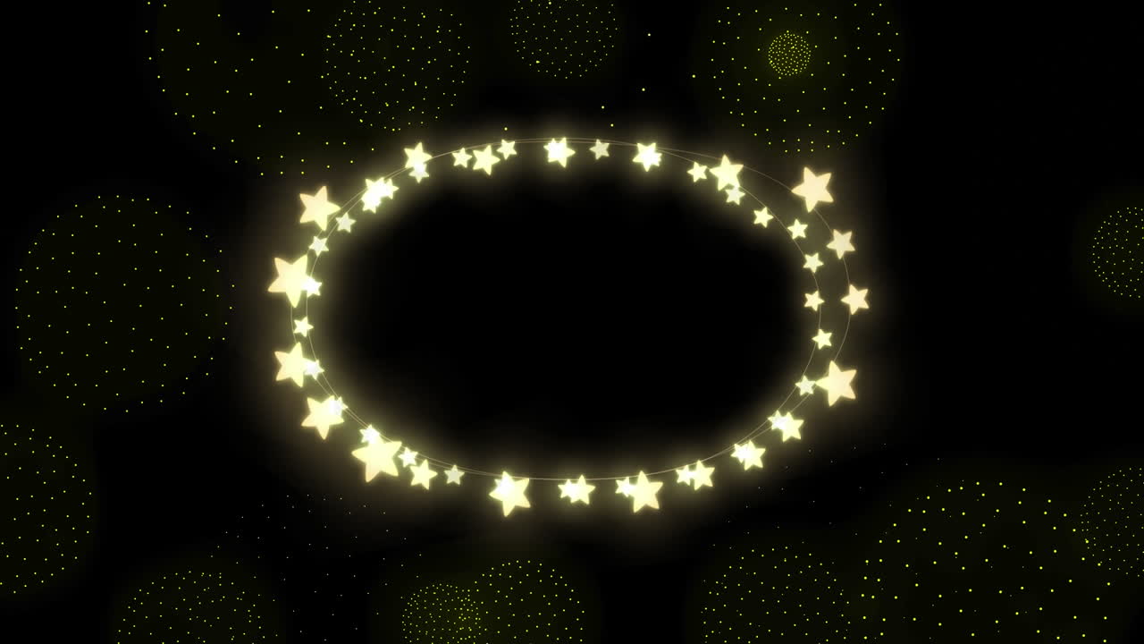 animación de luces de hadas sobre formas amarillas y fuegos artificiales en fondo negro