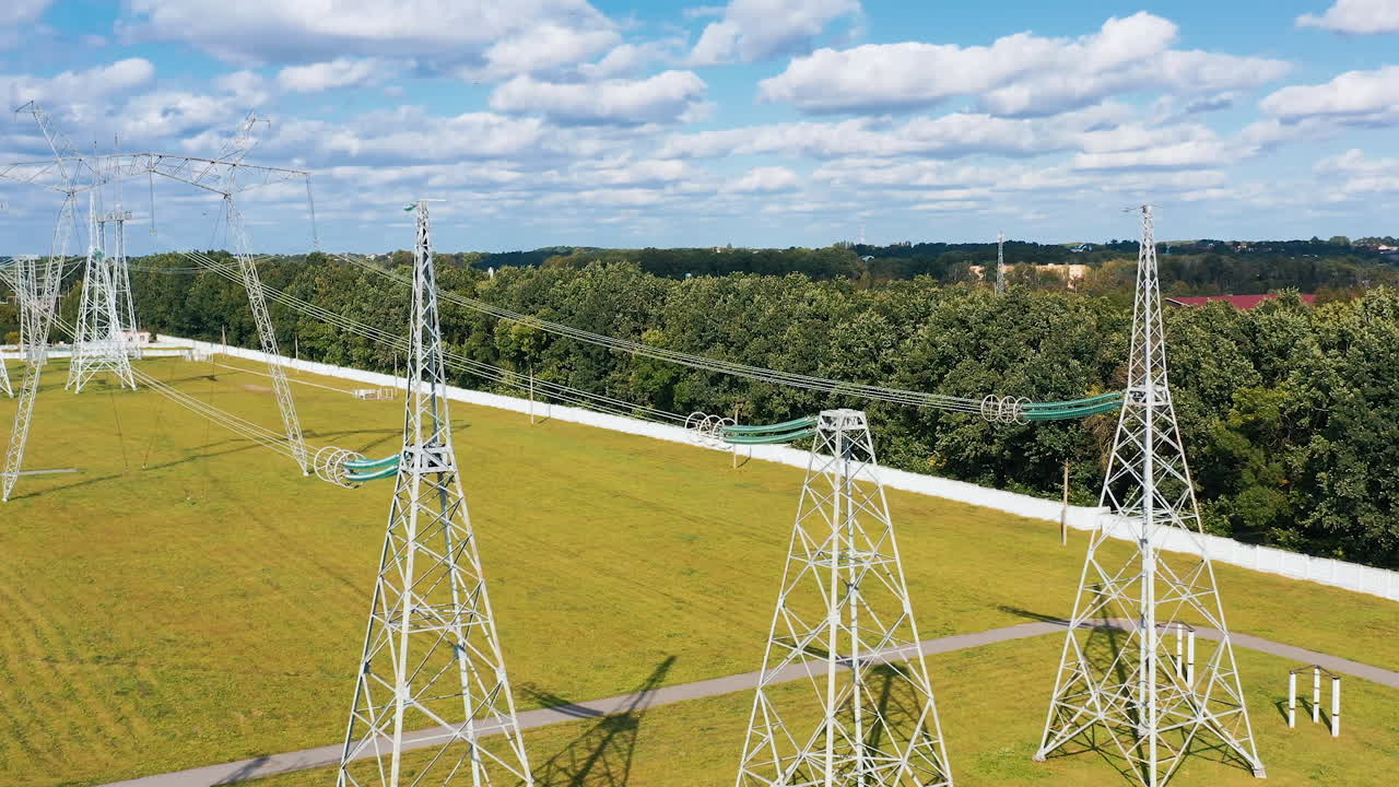 Aerial view of electric high voltage construction. Electrical power distribution system.