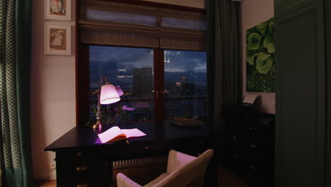 urban home office with city view at night